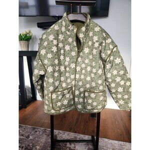 Sabrina Lauren Reversible Quilted Jacket Olive Floral Print Mock Neck PL NEW